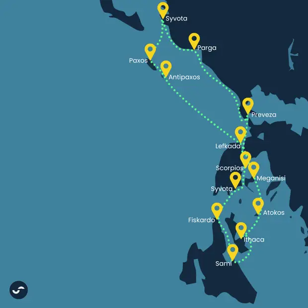 Route map for the Great Ionian Quest sailing itinerary