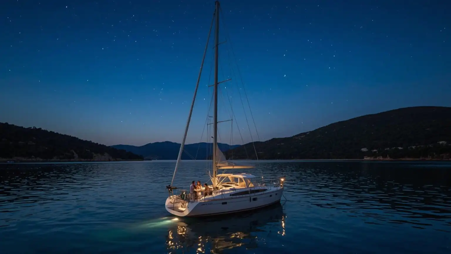 Couple relaxing on the foredeck of a yacht anchored in a calm Ionian bay