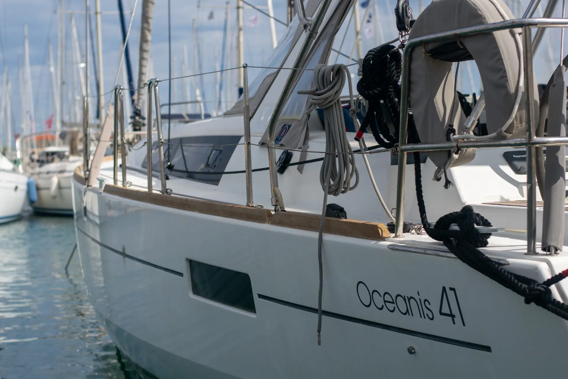 Bow of the Oceanis 41 moored at Lefkas Marina
