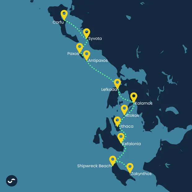 Route map for the One Way: Corfu to Zakynthos sailing itinerary