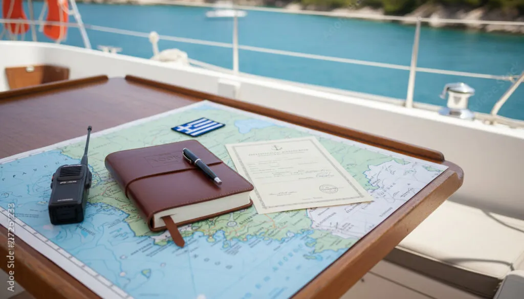 gemini 2.5 flash image Photorealistic editorial flat lay on a teak sailboat cockpit table a sailing log 2 - Oasis Sailing do you need a license to charter a yacht in greece