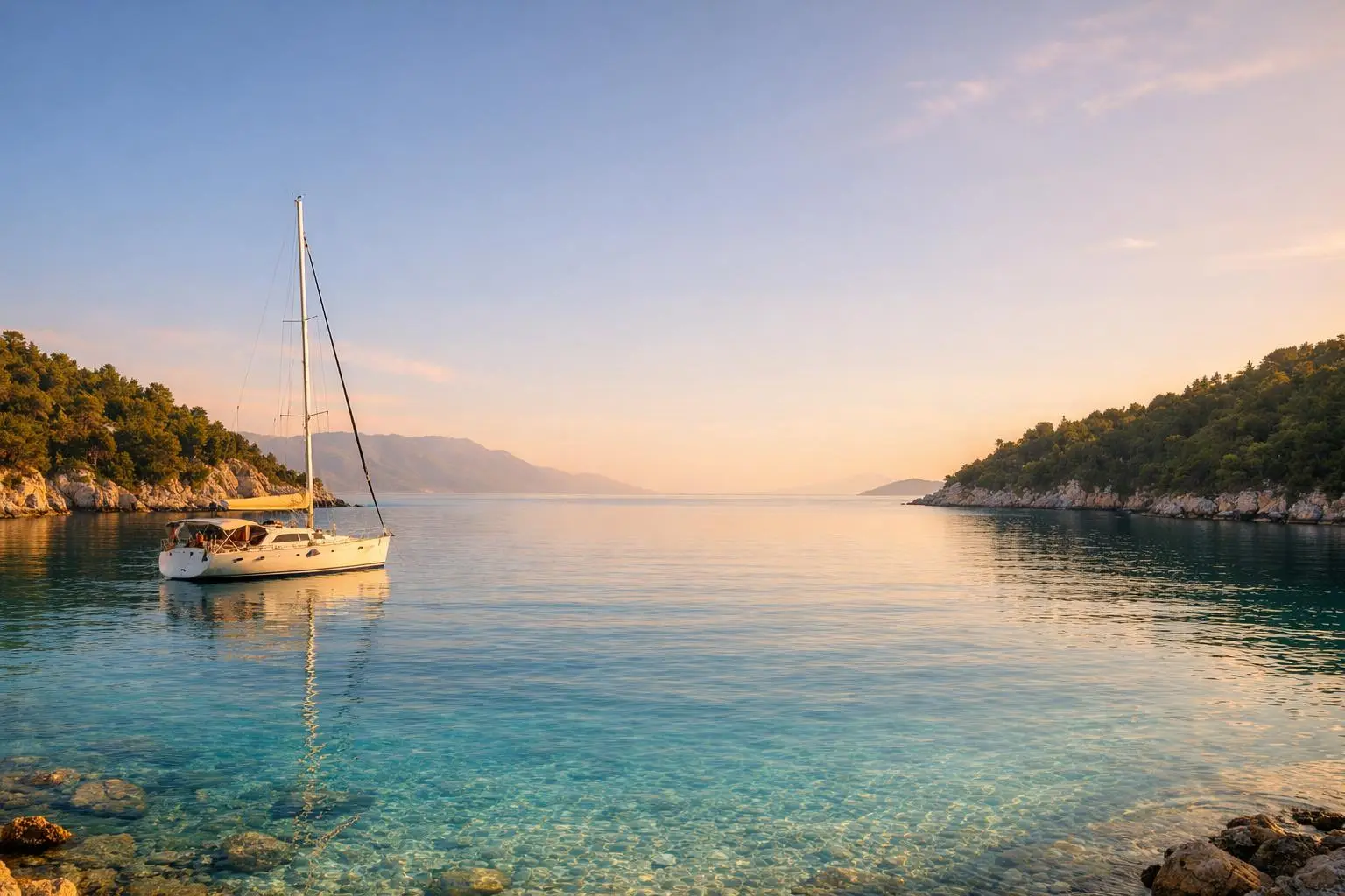 A sailing yacht anchored off an Ionian island