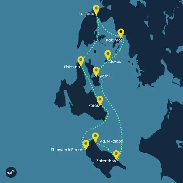 Route map for the Long Sail to Zakynthos sailing itinerary