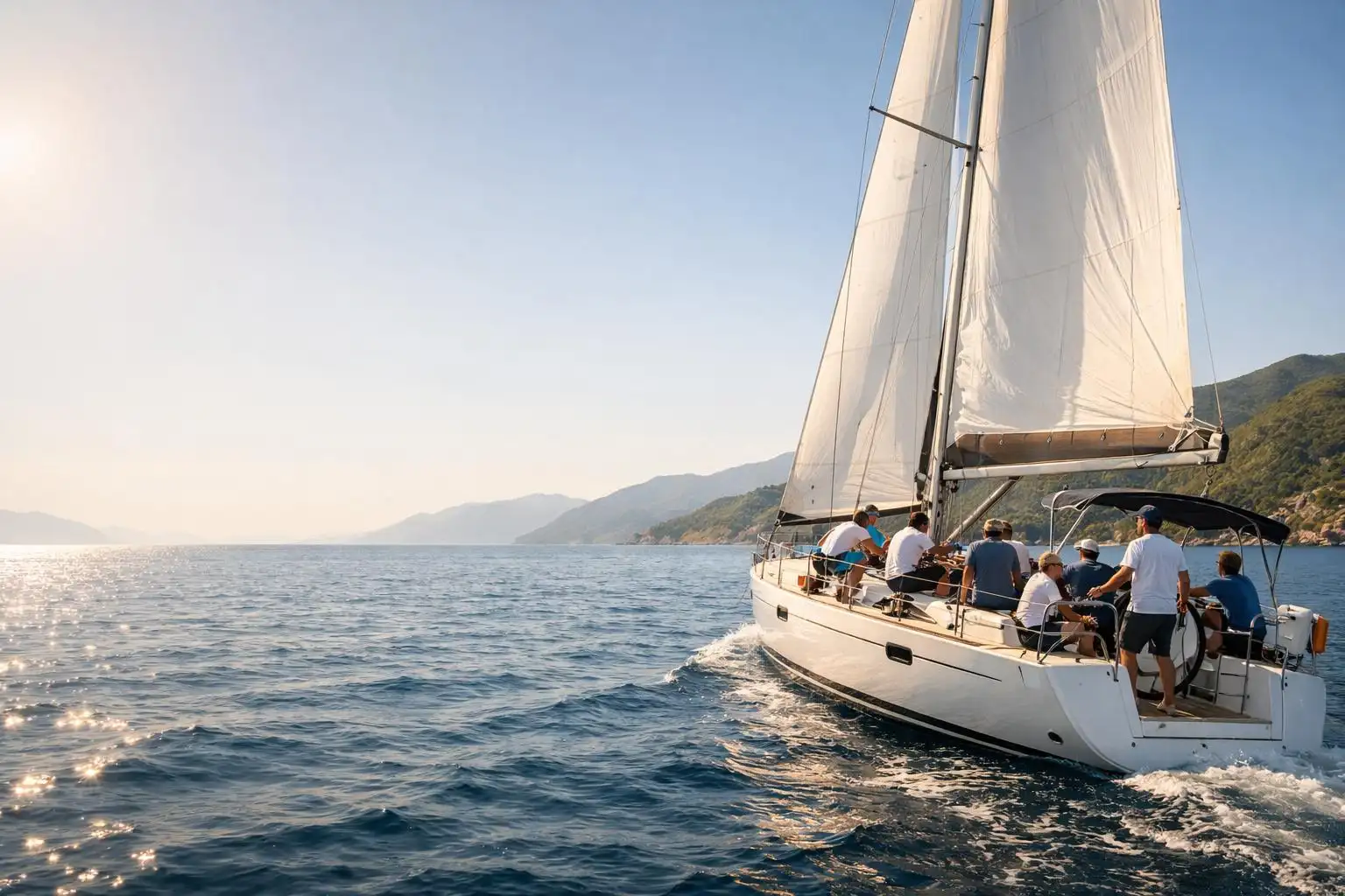 Crew handling lines during a mile-building week in the Ionian