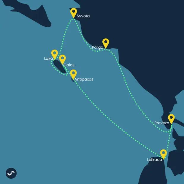 Route map for the North Ionian Quest sailing itinerary