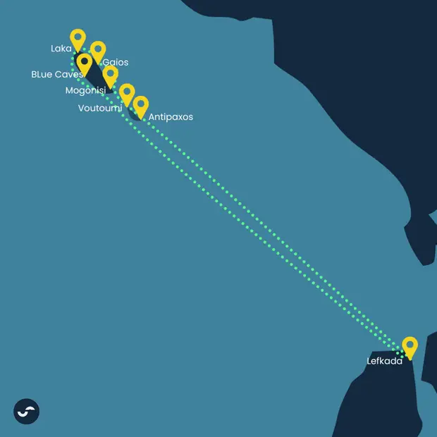 Route map for the Paxi & Antipaxi sailing itinerary