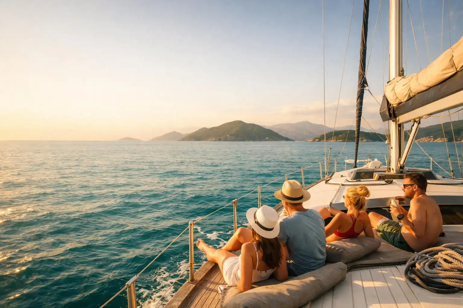 Guests relaxing on deck during a shared cabin charter week