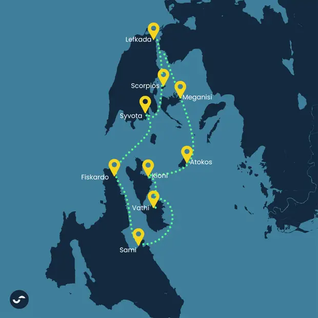 Route map for the South Ionian Quest sailing itinerary