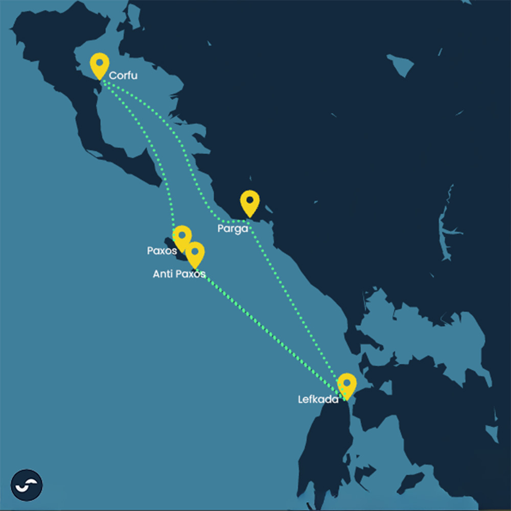 Lefkada sailing itinerary map — north route (Paxos, Antipaxos, Parga)