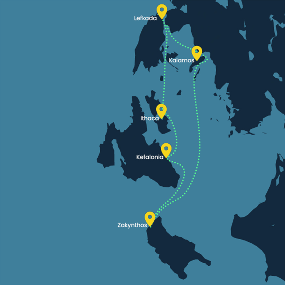 Lefkada sailing itinerary map — south extended route (Ithaca, Kefalonia, Zakynthos)