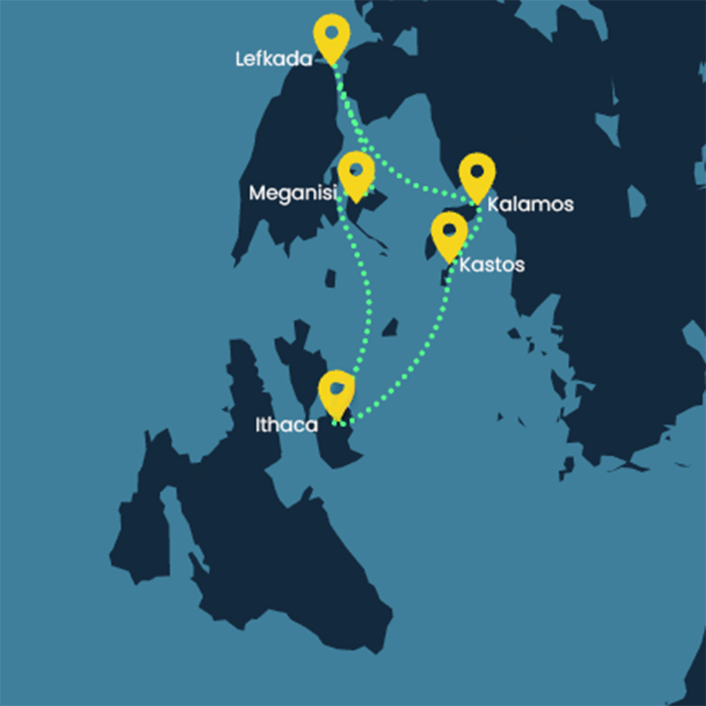 Lefkada sailing itinerary map — south classic route (Meganisi, Kalamos, Kastos)